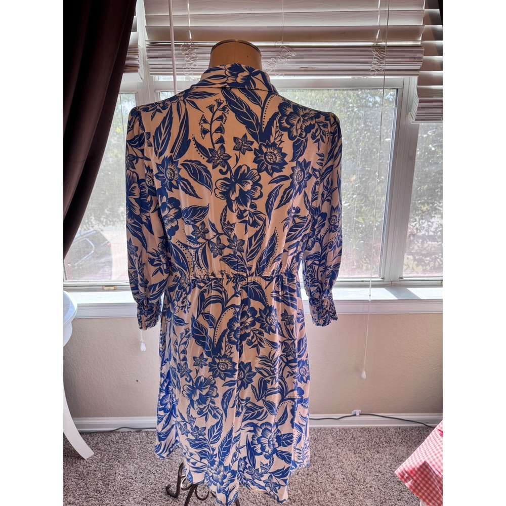 Blue Floral Button Down Shirt Dress Smocked Cuff Elastic Waist Midi Blue Cream - Picture 5 of 7